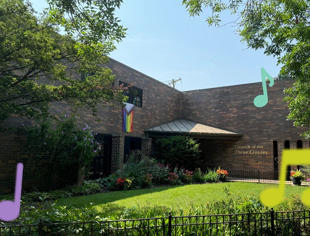 The exterior of Church of the Three Crosses building with music notes in the foreground