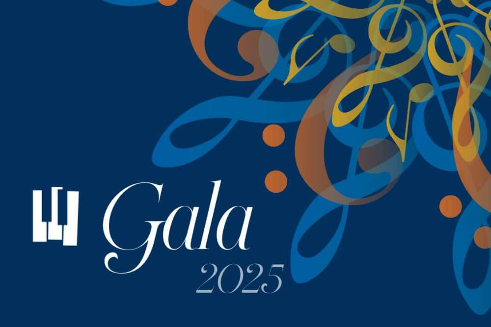 Graphic with treble and bass clefs in a circle. It reads Gala 2025.