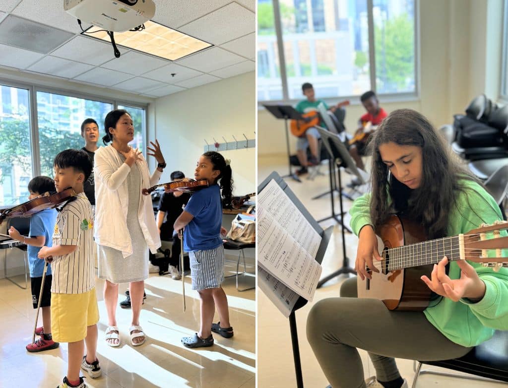 Two side-by-side photos: Iris Wei teaching several students holding their violins, and three guitar students playing.