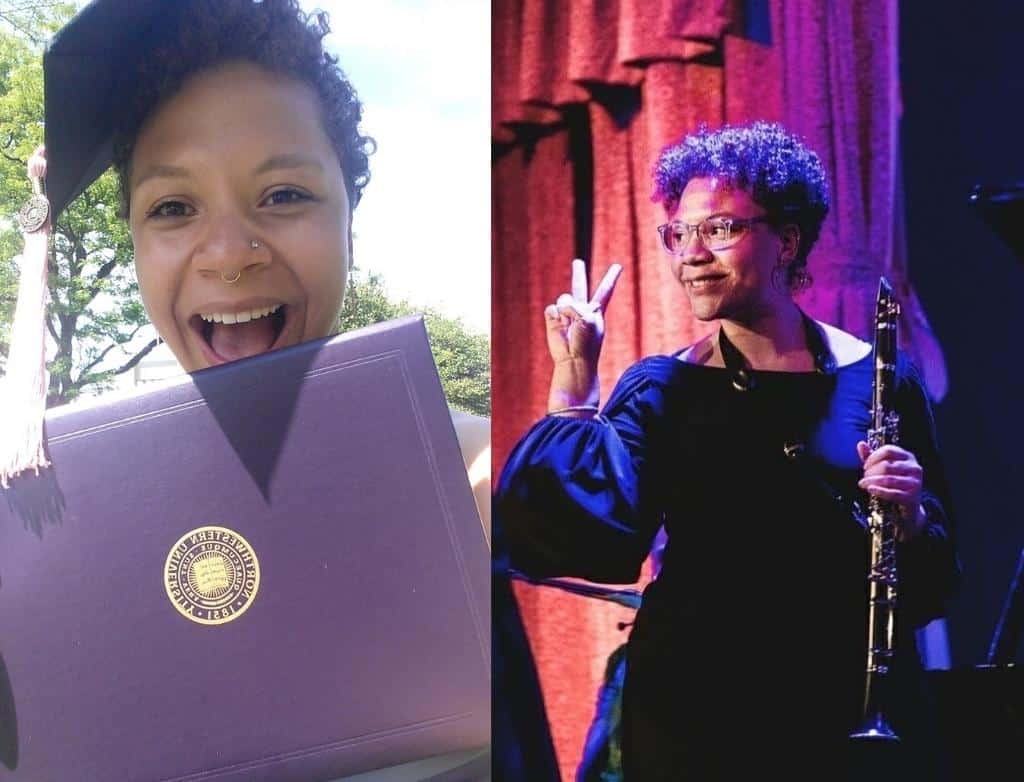 Two photos of Kamila. The left photo is her smiling with her Northwestern diploma. The right photo is her on a stage holder the clarinet.
