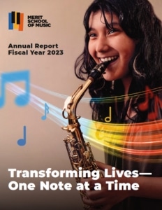 A student smiling and playing saxophone with colorful music notes. "Annual Report Fiscal Year 2023; transforming lives - one note at a time."