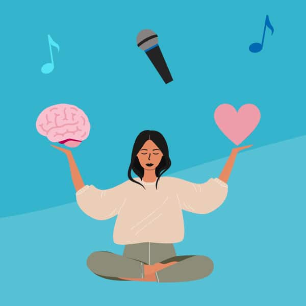 An illustration of a woman who sits in a meditation pose while holding a brain in one hand and a heart in the other. Music notes and instruments float around her.
