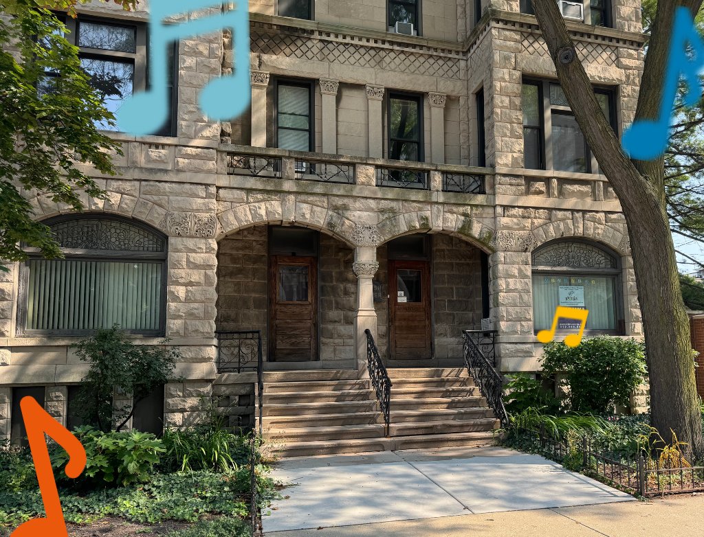 The exterior of Merit's Near North branch building with music note graphics floating in the foreground