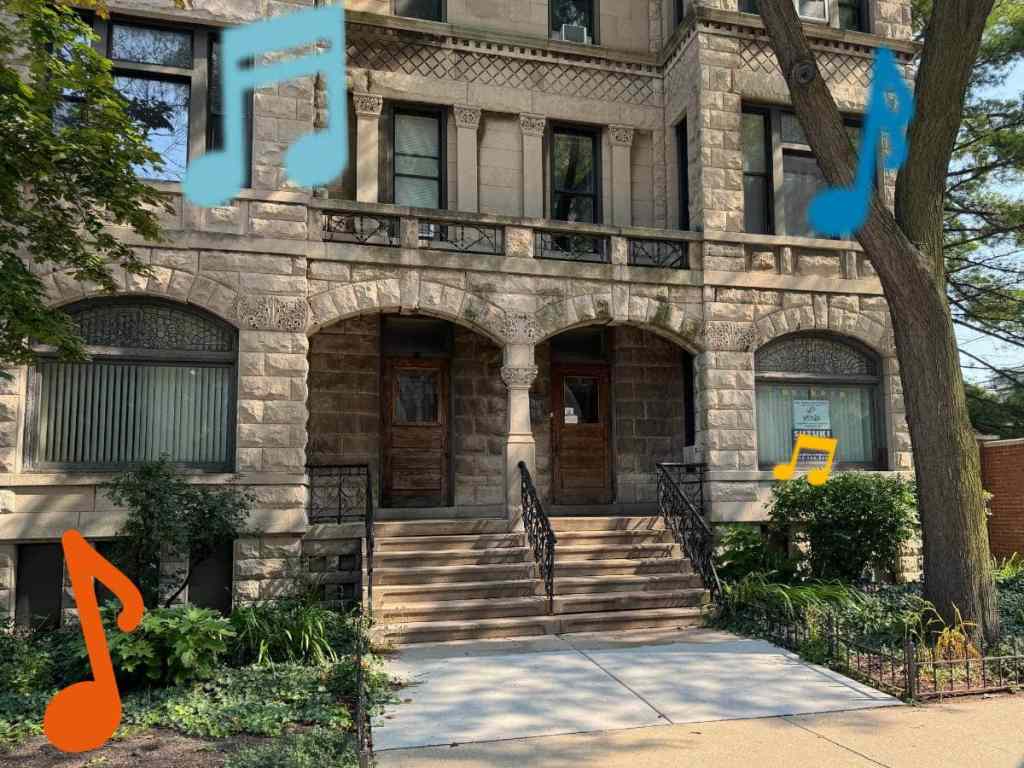 The exterior of Merit's Near North branch building with music note graphics floating in the foreground