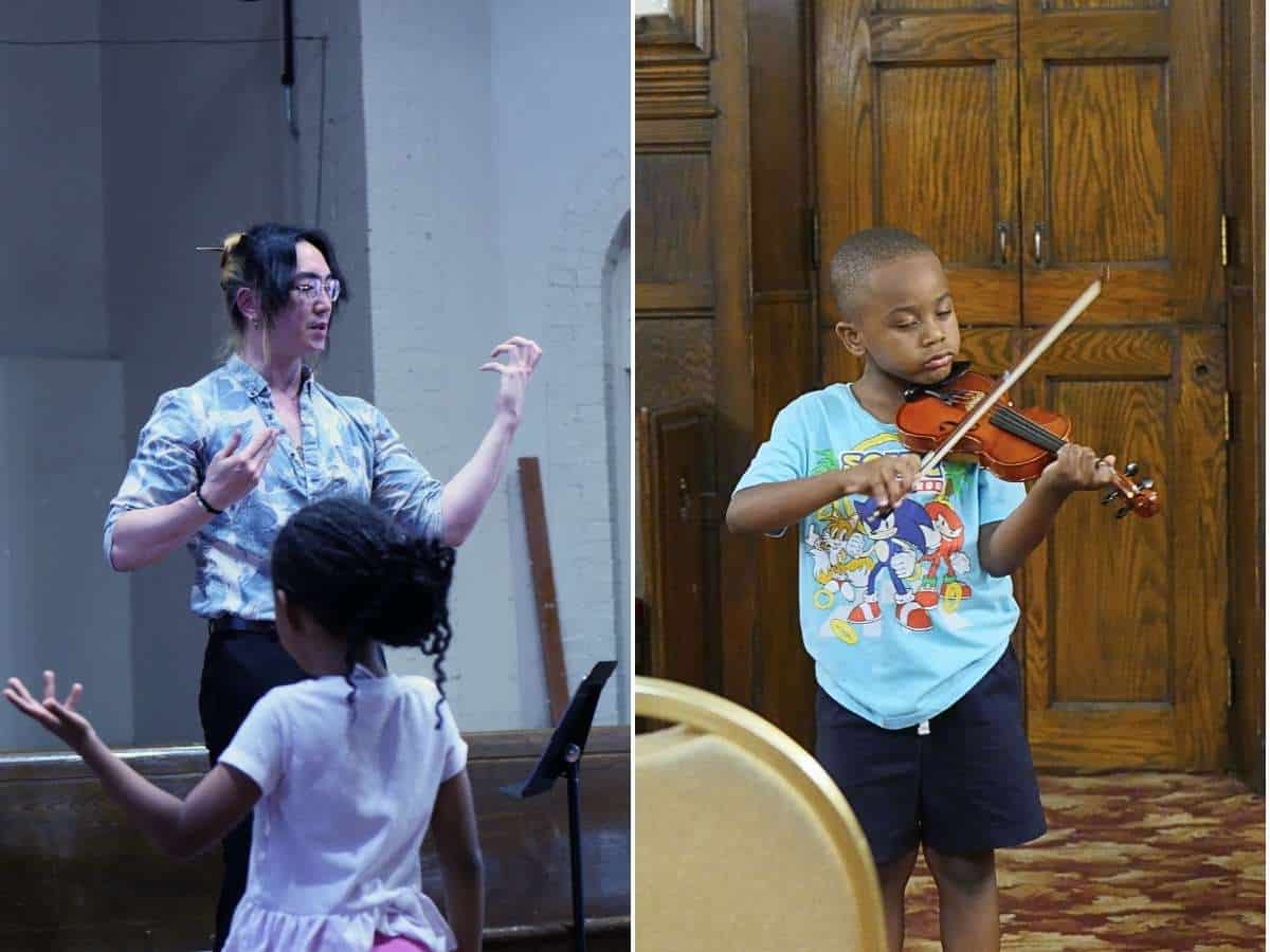 Two panels: a teacher holds up their arms as though playing violin, a young child plays violin