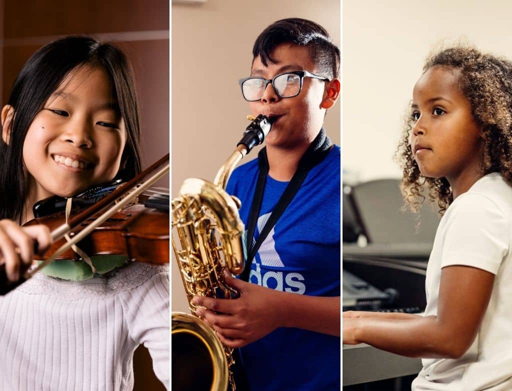 A collage of a young violinist, saxophonist, and pianist
