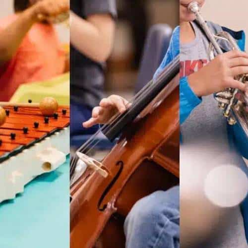 A photo collage of students playing their instruments: a glockenspiel, violin and trumpet