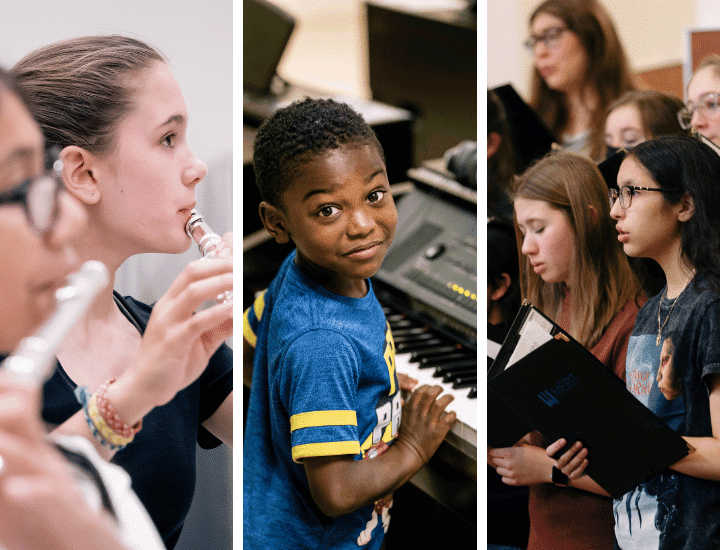 A collage of three images: two students playing flute, a young student sitting at the piano, and a choir performing.