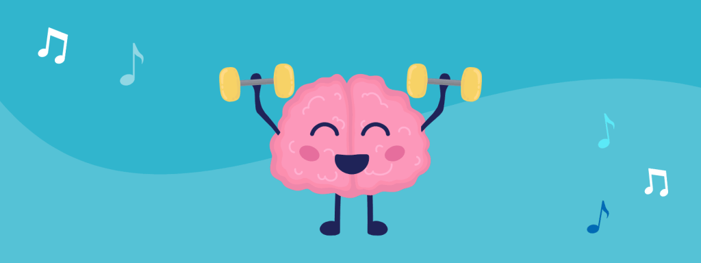 An illustration of a brain lifts weights and smiles while surrounded with music notes.
