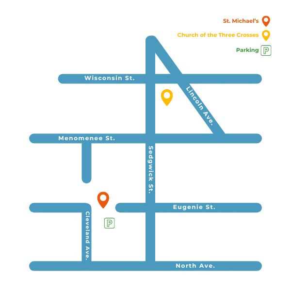 A map showing Merit Near North buildings in relation to each other